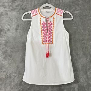 J.Crew Women's Sleeveless Embroidered Top Size 00– XXS white pink Boho tassels